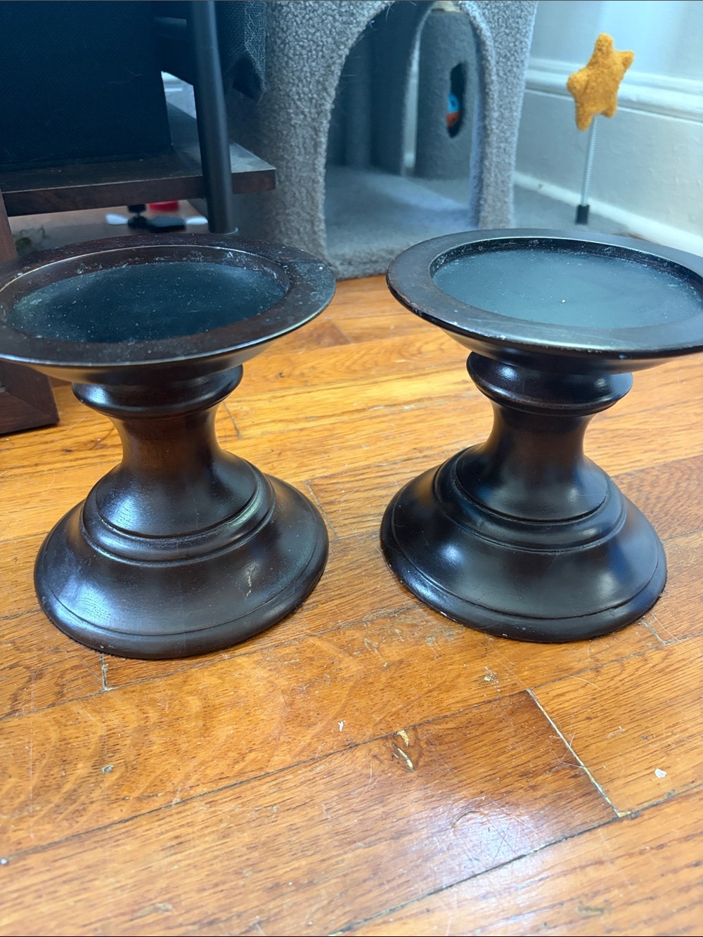 Pottery Barn Black Wood Turned Candle Holders - Pair